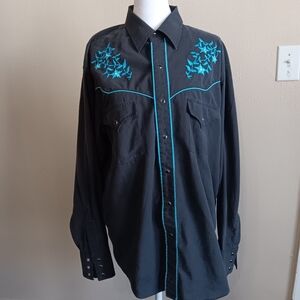 Ely Cattleman Vintage Black & Blue Floral Embroidery Pearl Snap Western Shirt L
